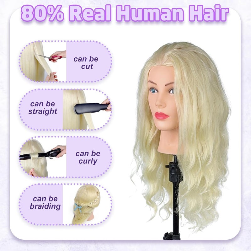 Firstwon Mannequin Head Human Hair- Cosmetology Manikin Doll Head with 80% Real Hair for Hairdresser Practice Styling Braiding & Free Clamp Holder (#613 Blonde) - Image 3